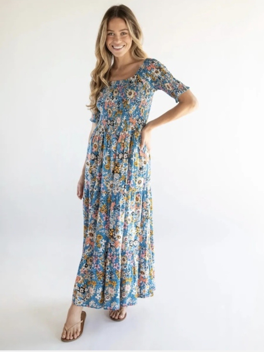NATURAL LIFE Daisy Blue Floral Maxi Dress with Smocked Bodice Sz XL Nwt